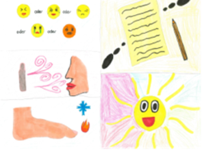 Kinderzeichnungen mit Sonne, Fuß, Mund, Brief aus der Kinder- und Jugendpsychiatrie Rostock in Gehlsdorf mit Psychotherapie Kinder